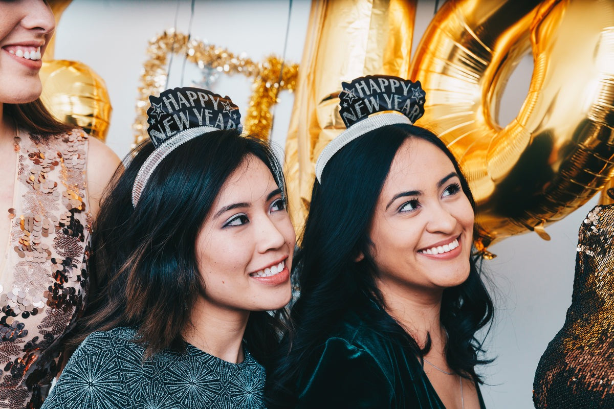 Women in sparkly New Year's Eve party outfits with gold balloons