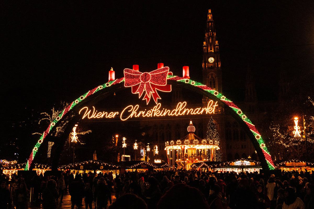 The illuminated entrance to Vienna's Christkindlmarkt Christmas market