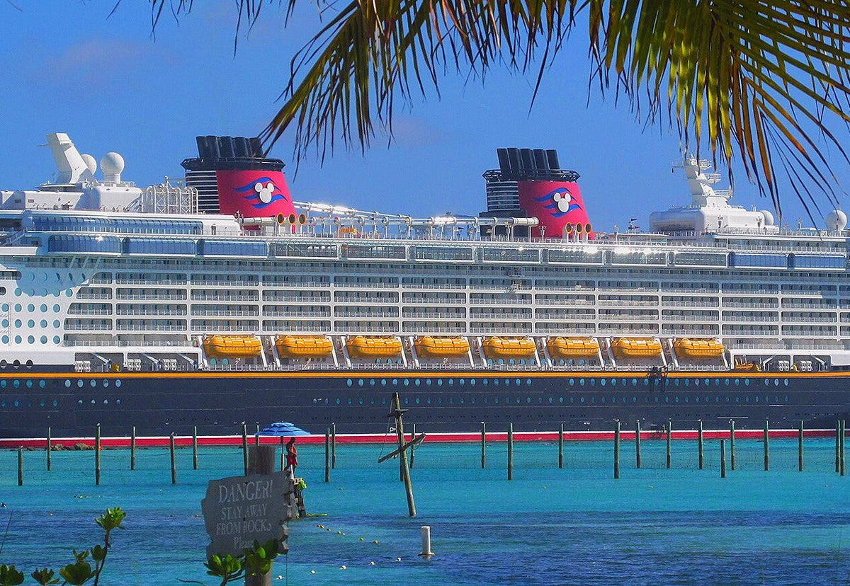Disney Fantasy cruise ship docked at Castaway Cay in the Bahamas