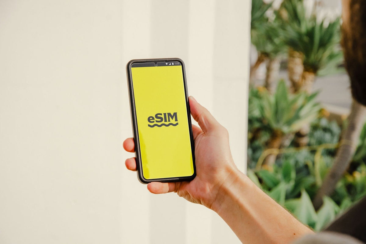 Hand holding a smartphone displaying an eSIM activation screen outdoors with tropical plants in the background.