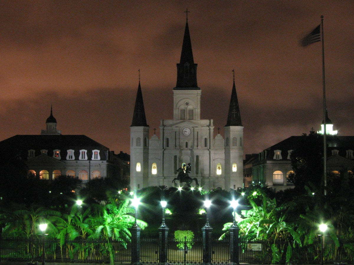 St. Louis Cathedral lit up at night over Jackson Square in the French Quarter, New Orleans
