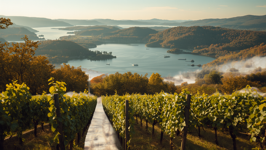 A vineyard overlooking a long narrow lake in New York's Finger Lakes region