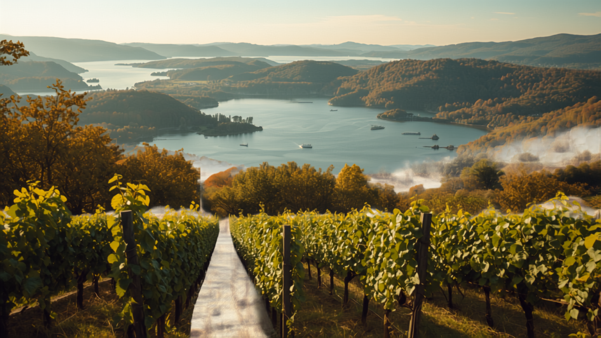 A vineyard overlooking a long narrow lake in New York's Finger Lakes region