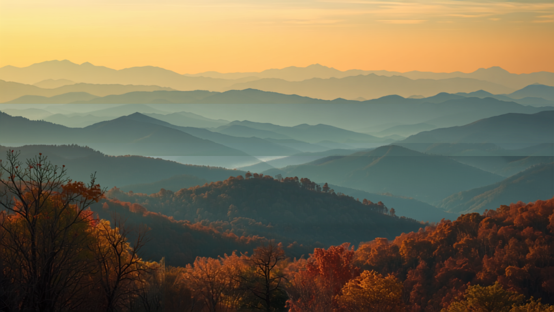 Layered misty mountain ridges at sunrise in the Great Smoky Mountains