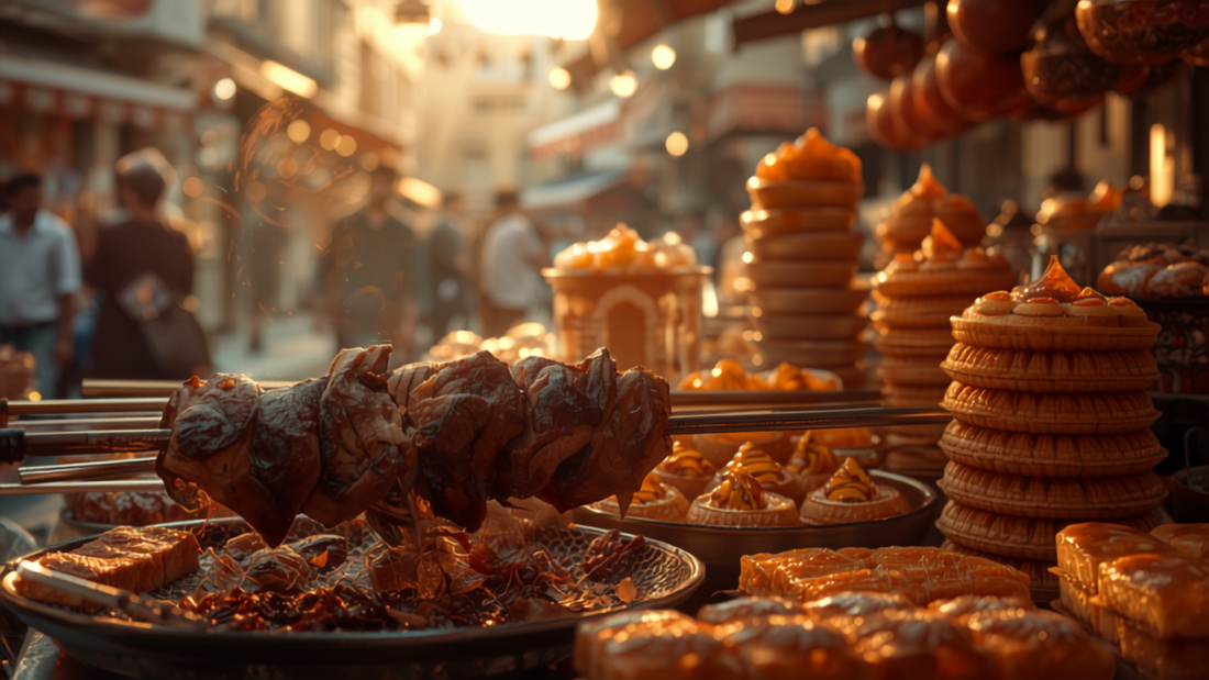 Istanbul street food kebabs and baklava at dusk