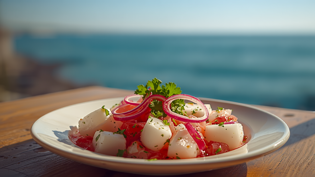 Lima ceviche dish with ocean view