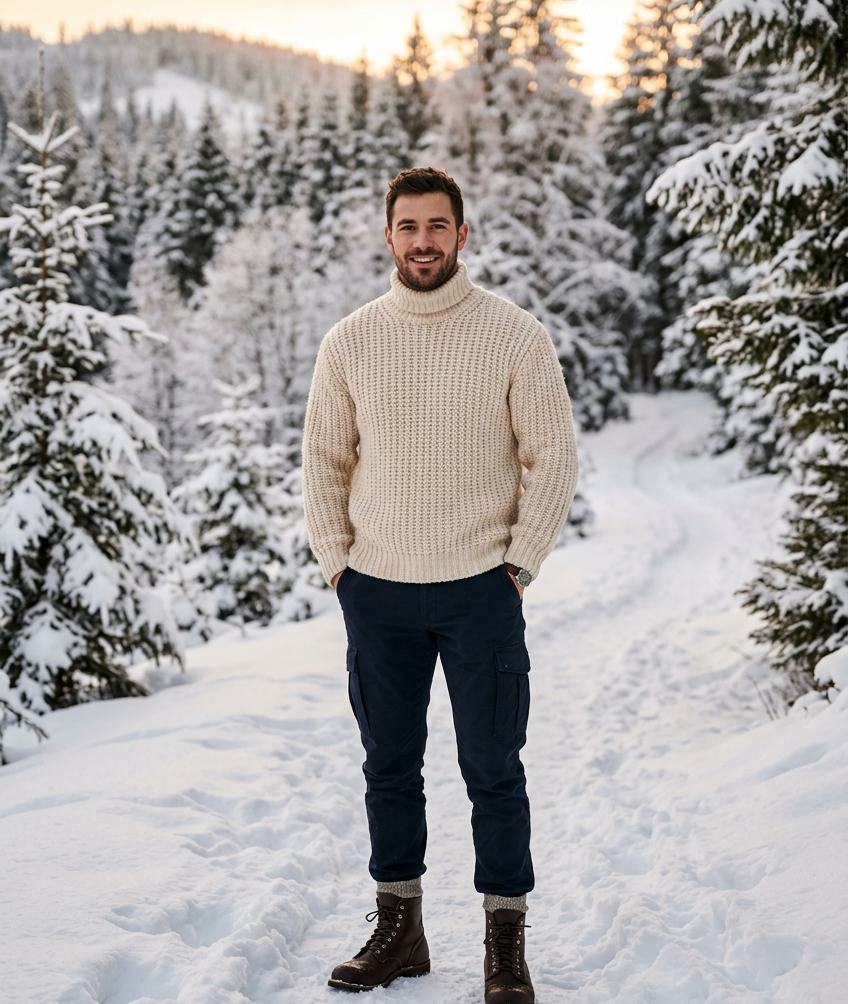 man in a sweater on a snowy trail 