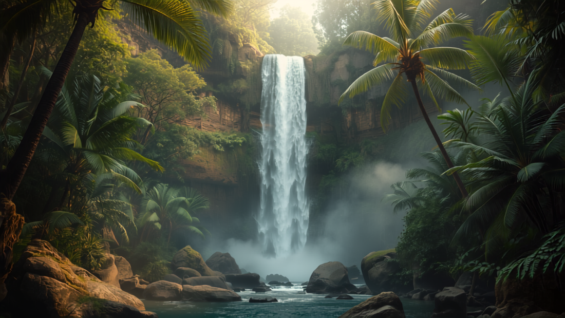 A dramatic waterfall along the Road to Hana in Maui surrounded by rainforest
