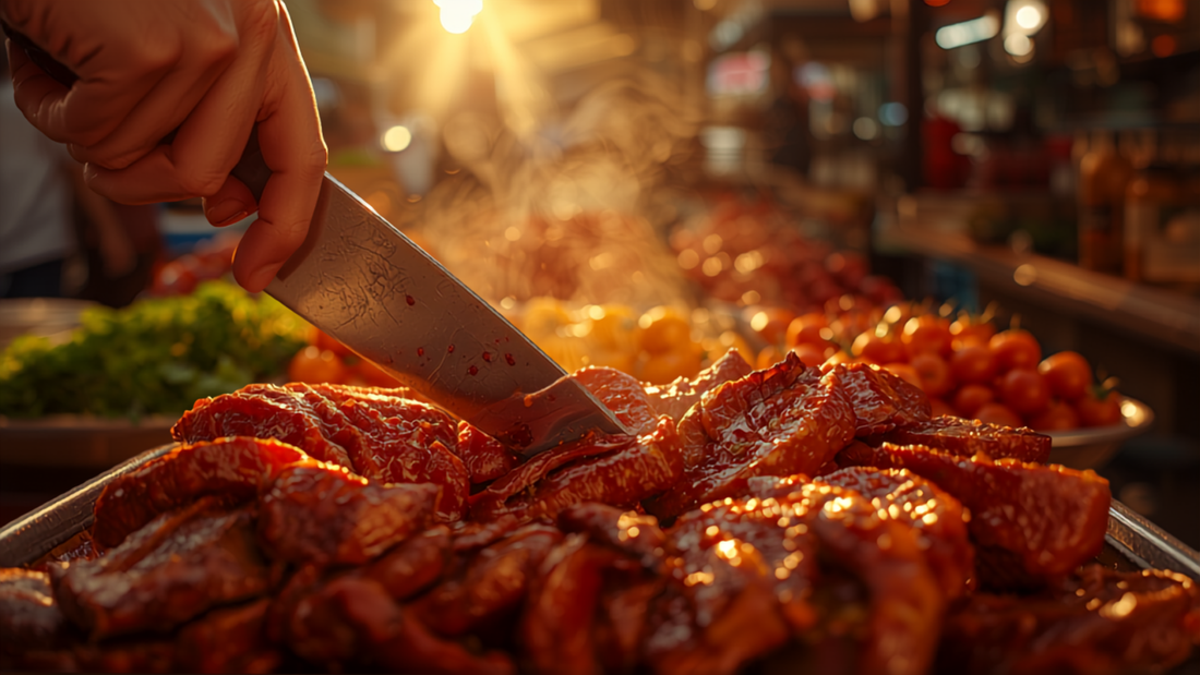 Mexico City street tacos al pastor being carved from a trompo