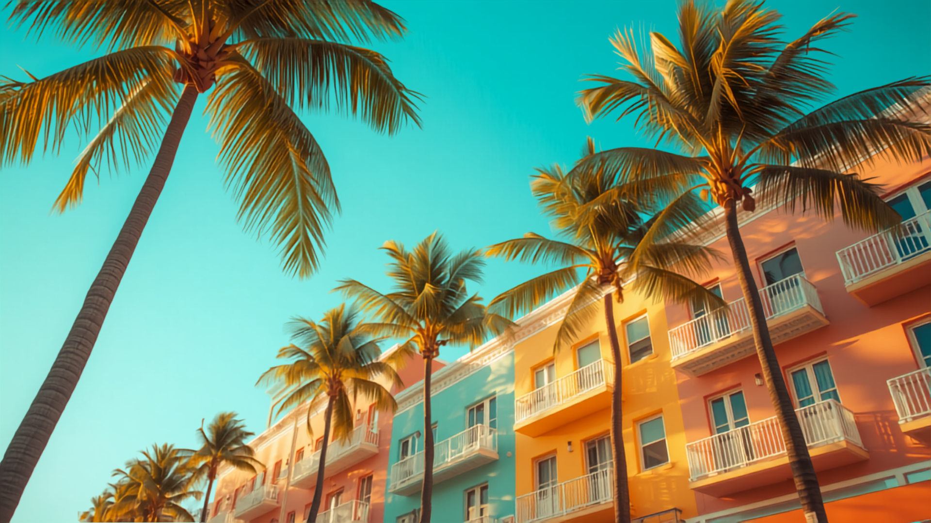 Colorful Art Deco buildings and palm trees on Ocean Drive, Miami