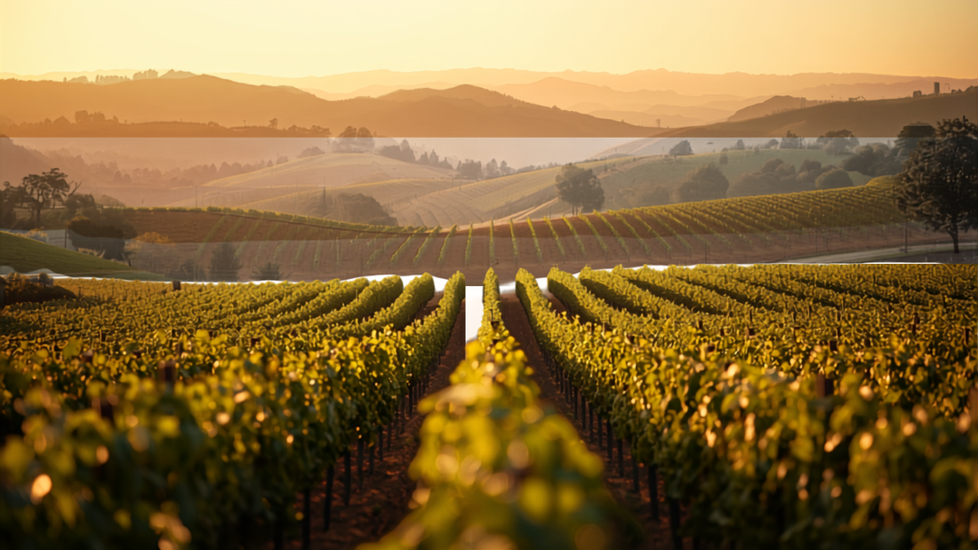 Rolling vineyard rows in Napa Valley at golden hour