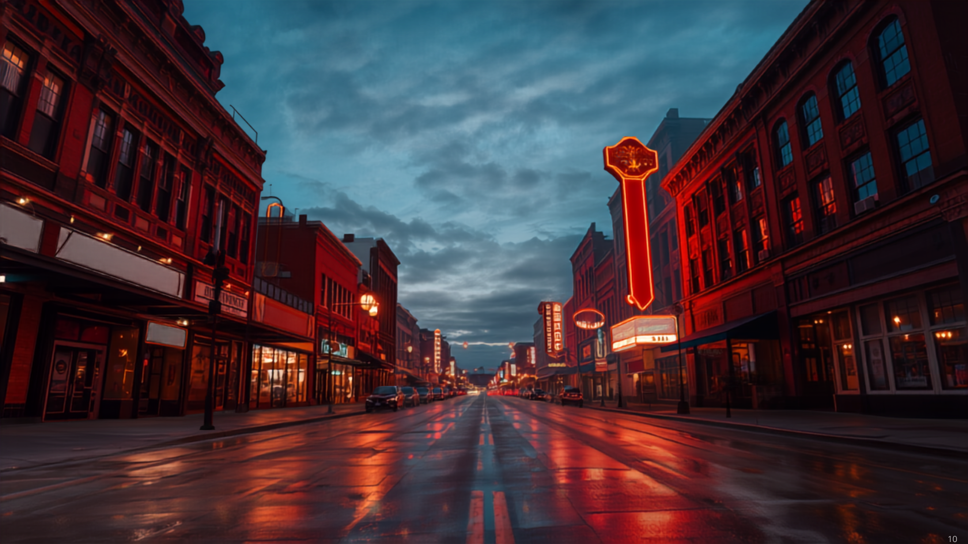 Neon signs glowing along Broadway in Nashville at dusk