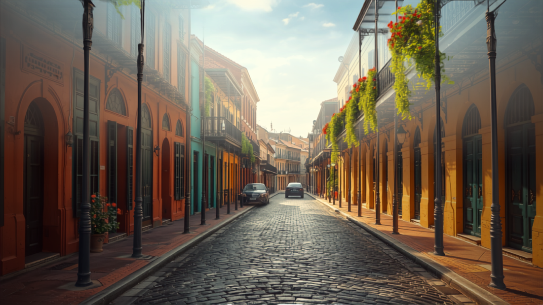 Colorful French Quarter street with wrought-iron balconies in New Orleans