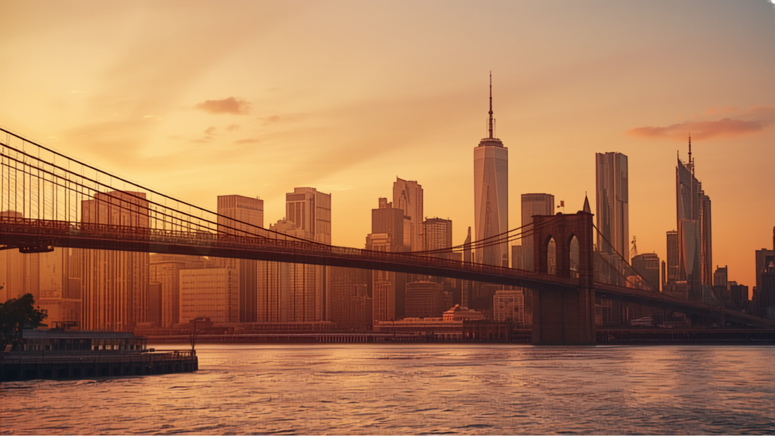 Manhattan skyline and Brooklyn Bridge at golden hour