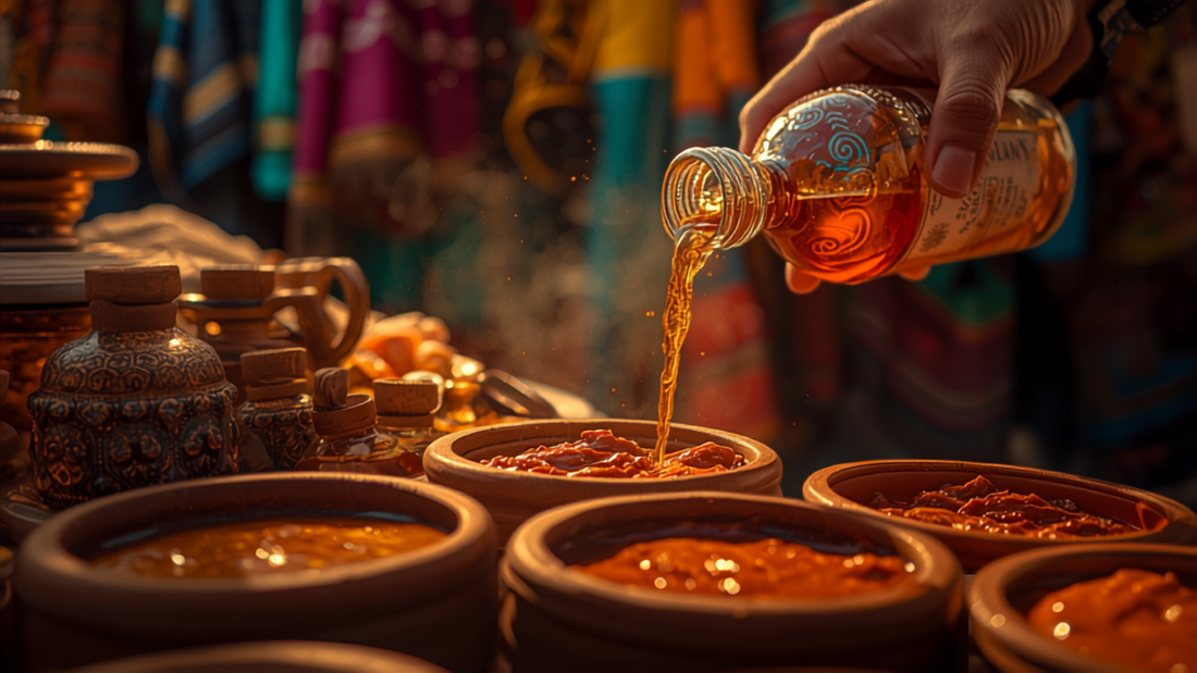 Oaxaca market with mole sauces and mezcal