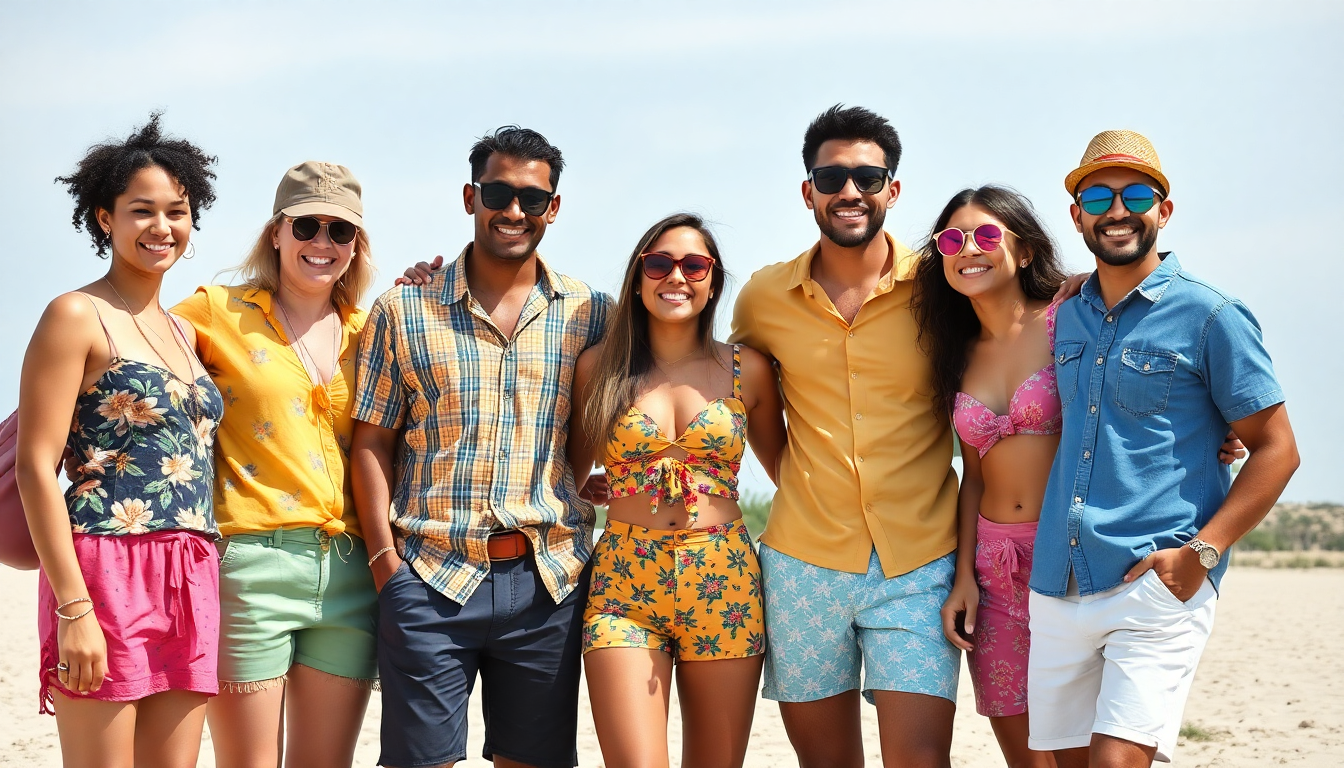 Group of young white, black and Latino friends in Colorful summer outfits
