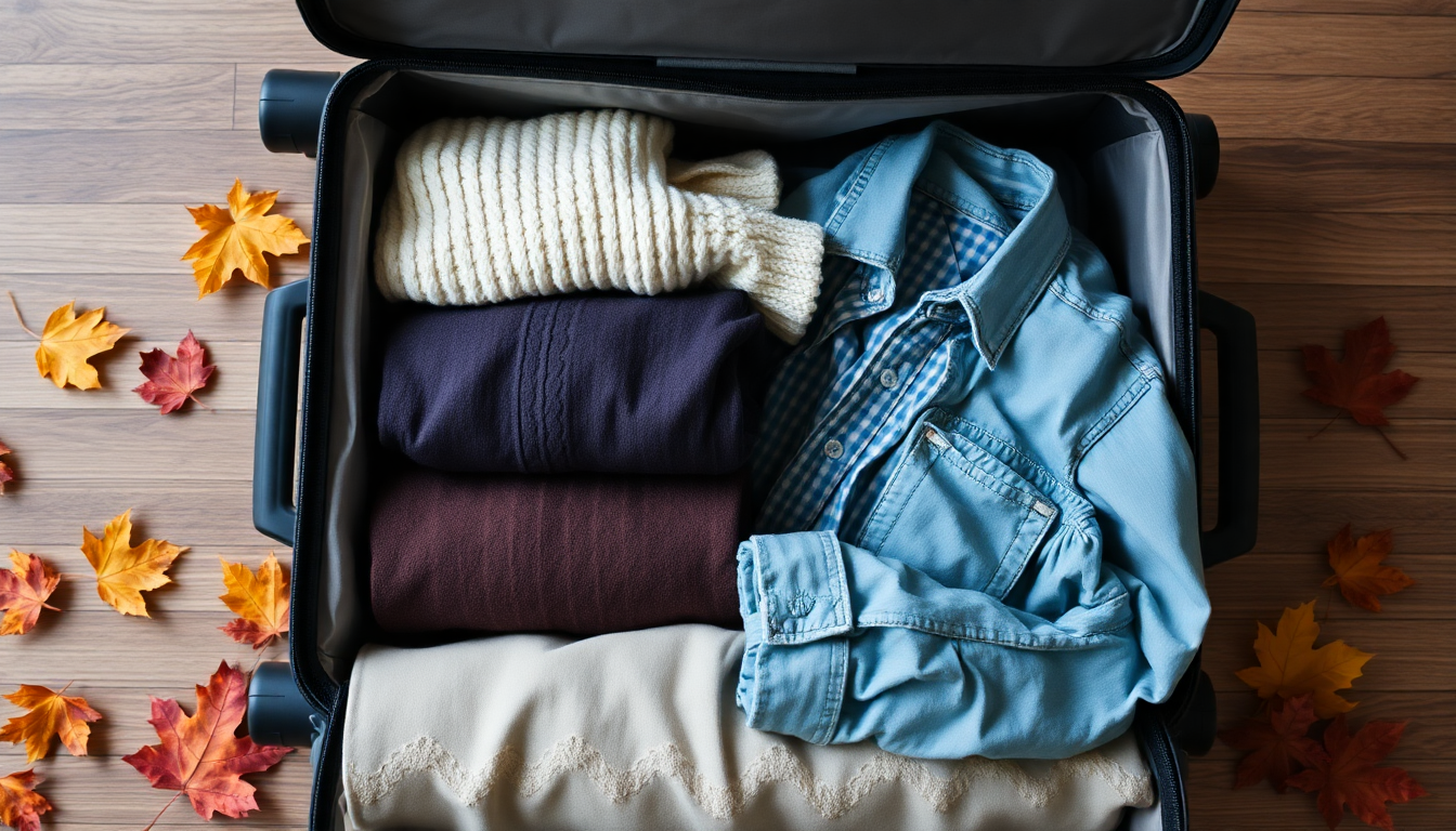 fall clothing flatlay next to open suitcase