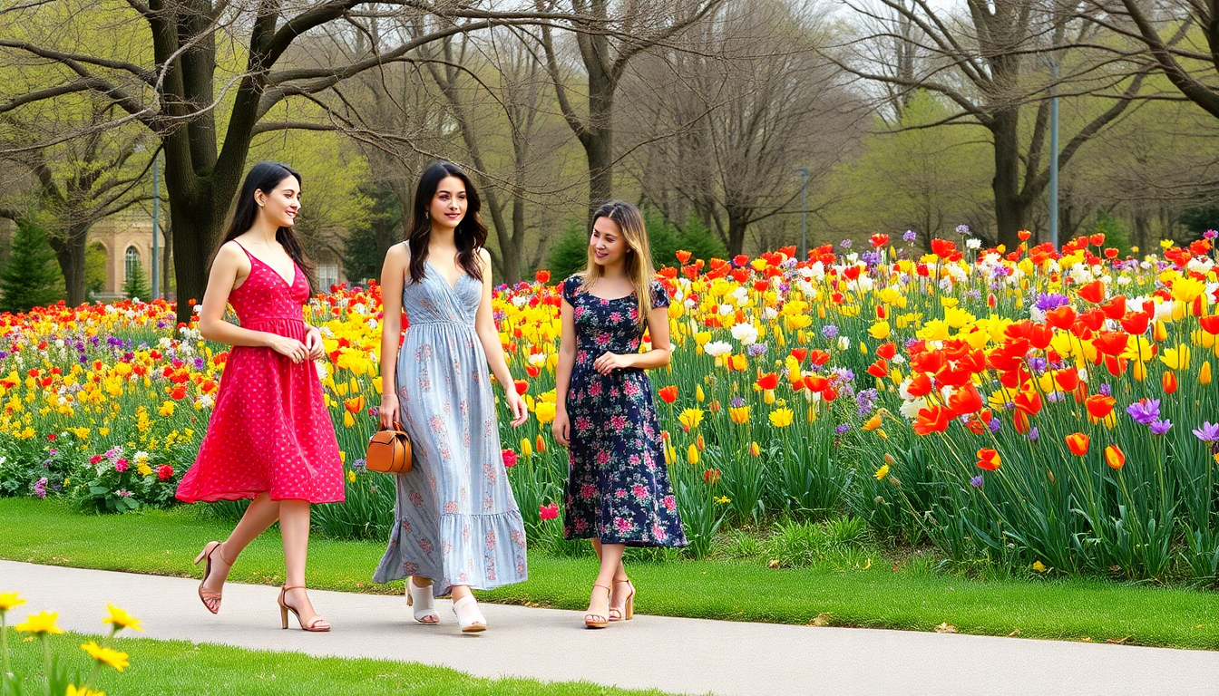 women wearing mini, midi and maxi dresses colorful flowers in a park spring day