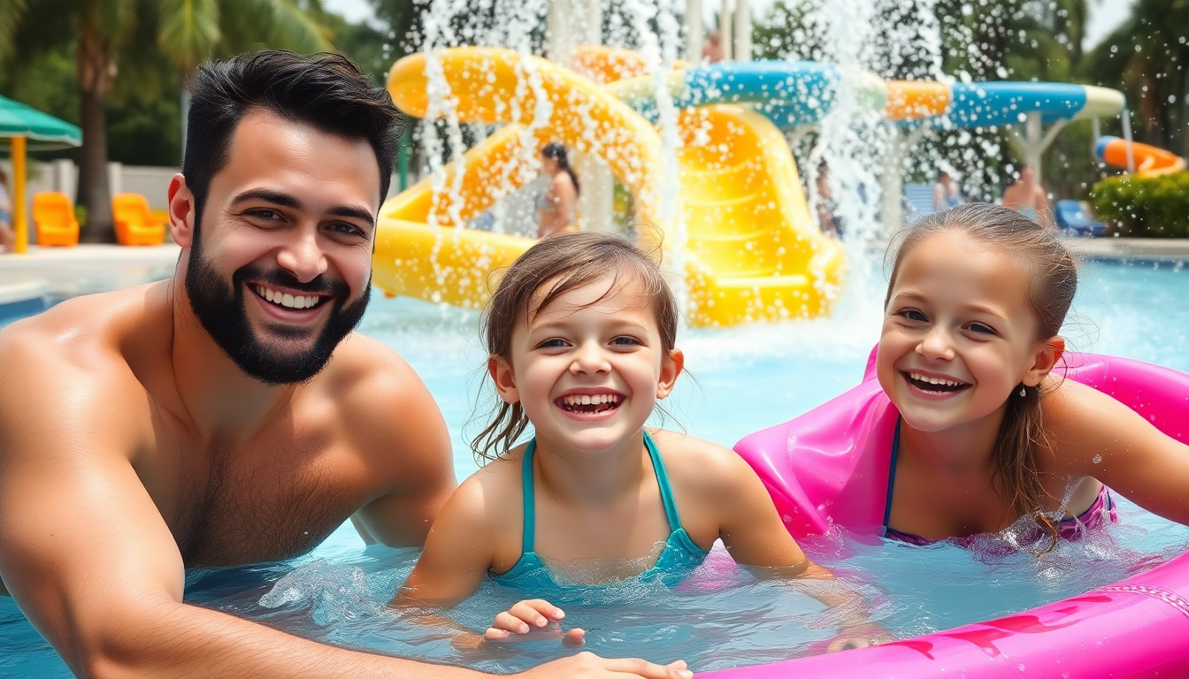 fun and happy young family at a water park
