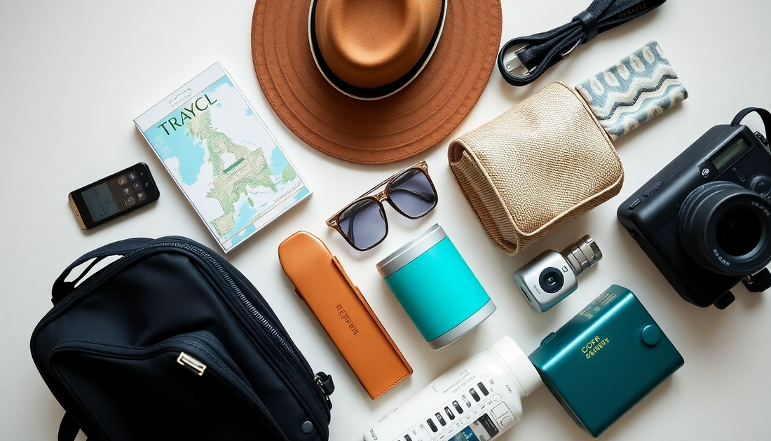 flatlay of travel essentials to pack