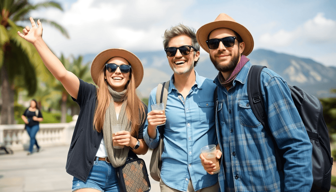 casual dressed travelers excited for their vacation
