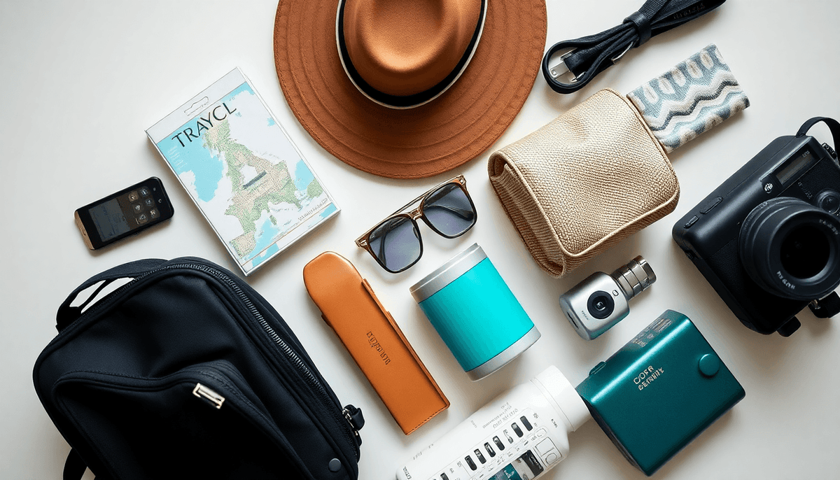 flatlay of travel essentials to pack