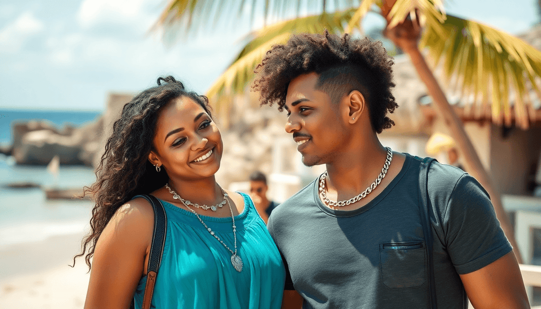 Young interracial couple wearing jewelry on vacation