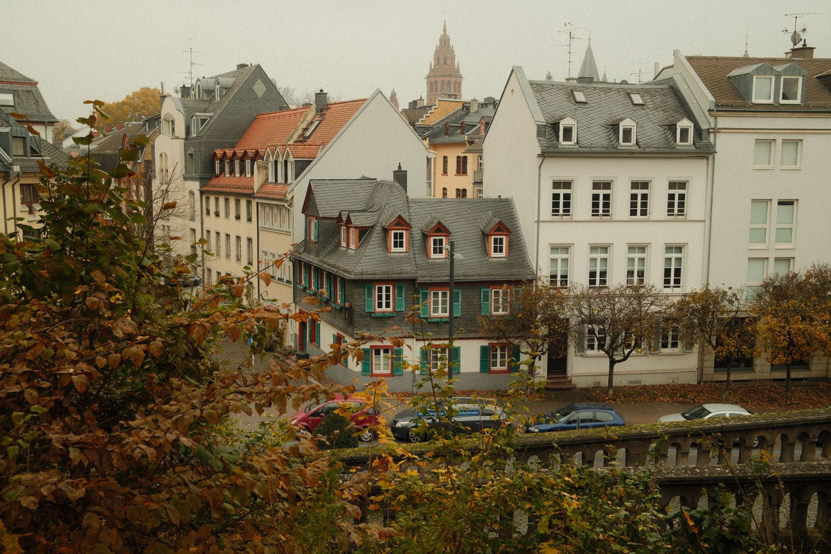 Charming European-style small town street in autumn light