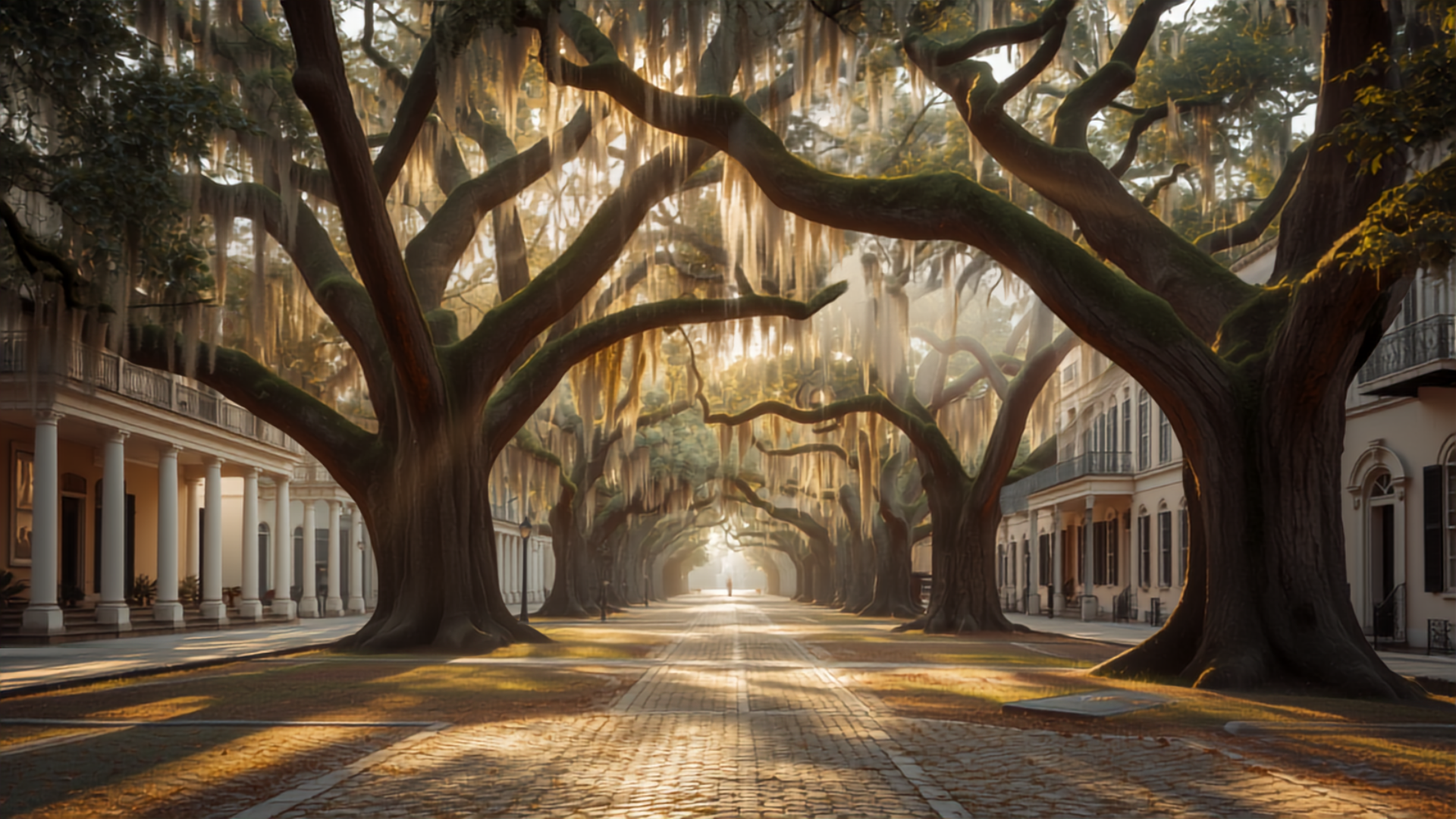 Historic Savannah square lined with live oak trees draped in Spanish moss