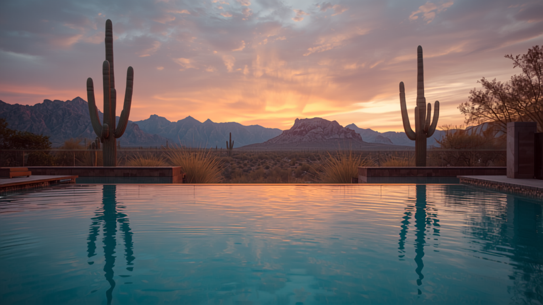 A luxury desert resort pool at sunset in Scottsdale, Arizona with saguaro cacti