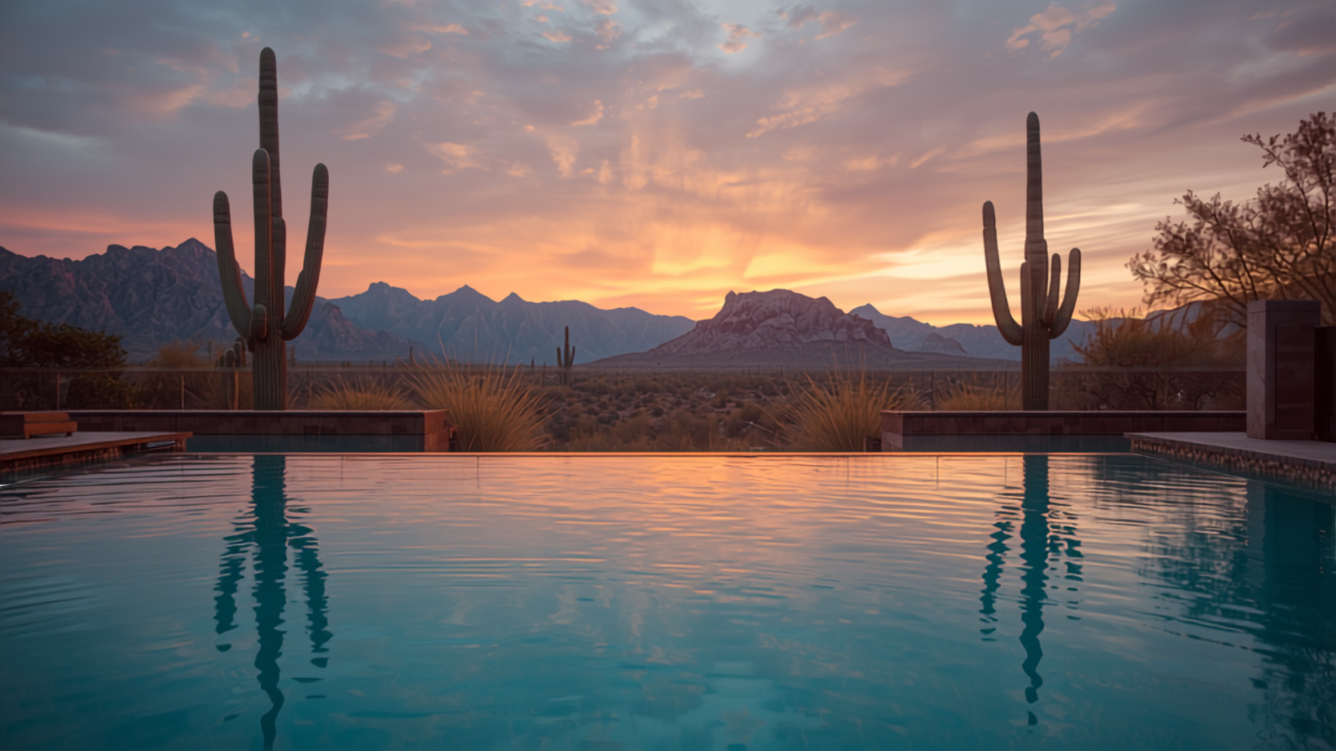 A luxury desert resort pool at sunset in Scottsdale, Arizona with saguaro cacti
