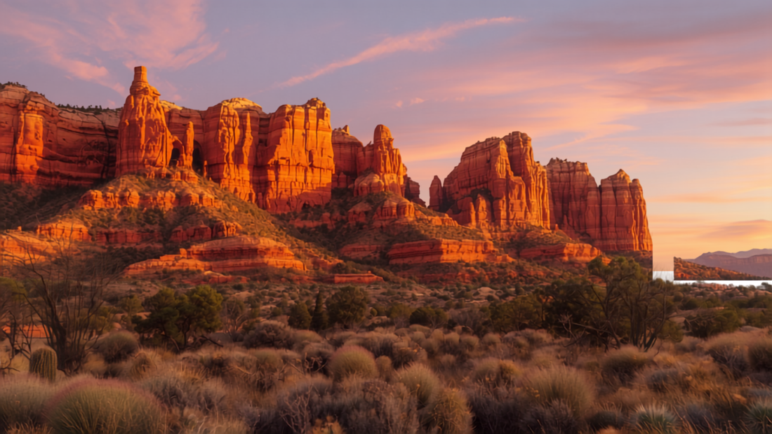 Red sandstone rock formations glowing at sunset in Sedona, Arizona