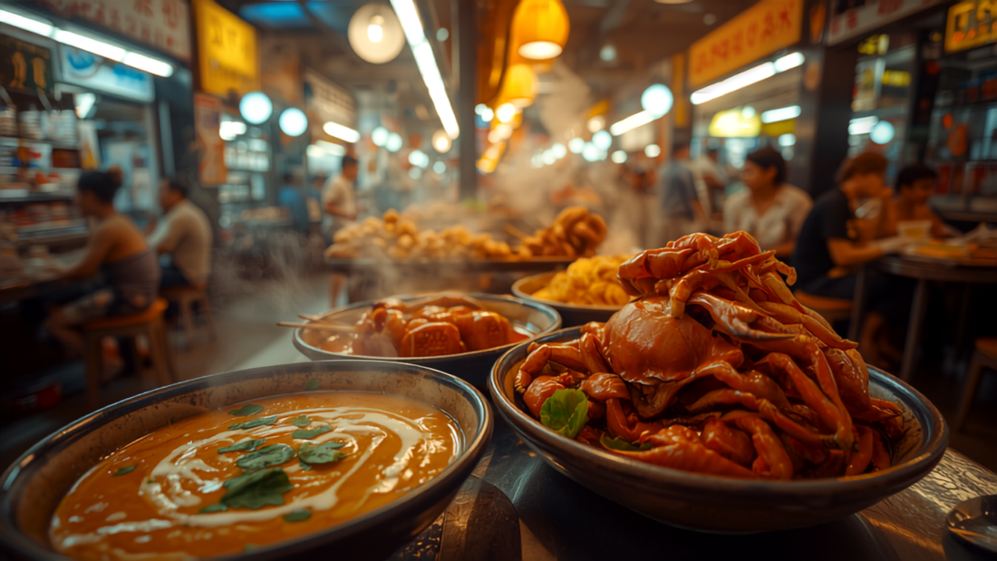 Singapore hawker center with laksa and chili crab