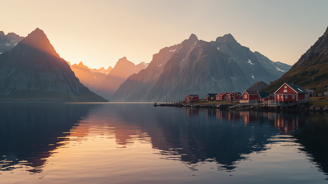 Midnight sun over the Lofoten Islands fjords in Norway