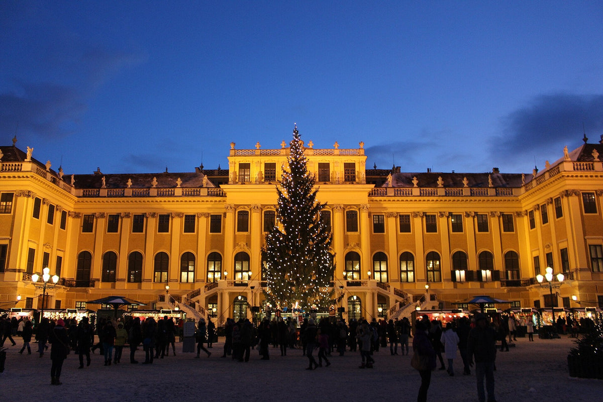 Schönbrunn Palace Christmas market at dusk, Vienna, Austria