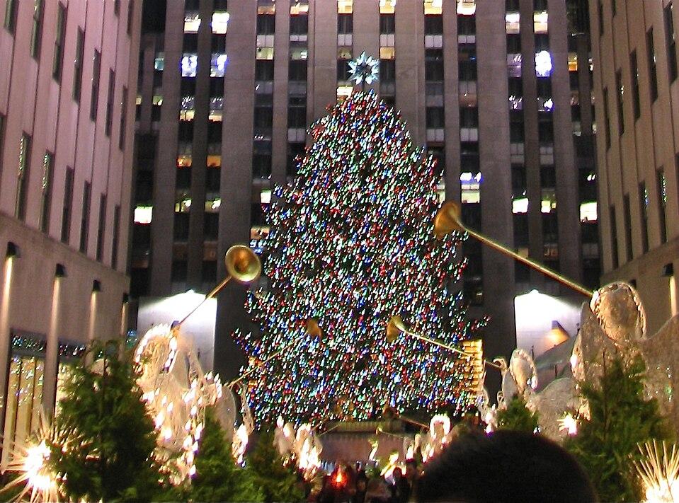 Rockefeller Center Christmas tree lit up at night in New York City