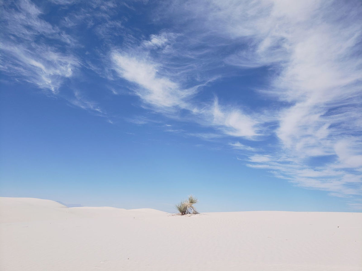 White gypsum sand dunes under a blue sky at White Sands National Park, New Mexico