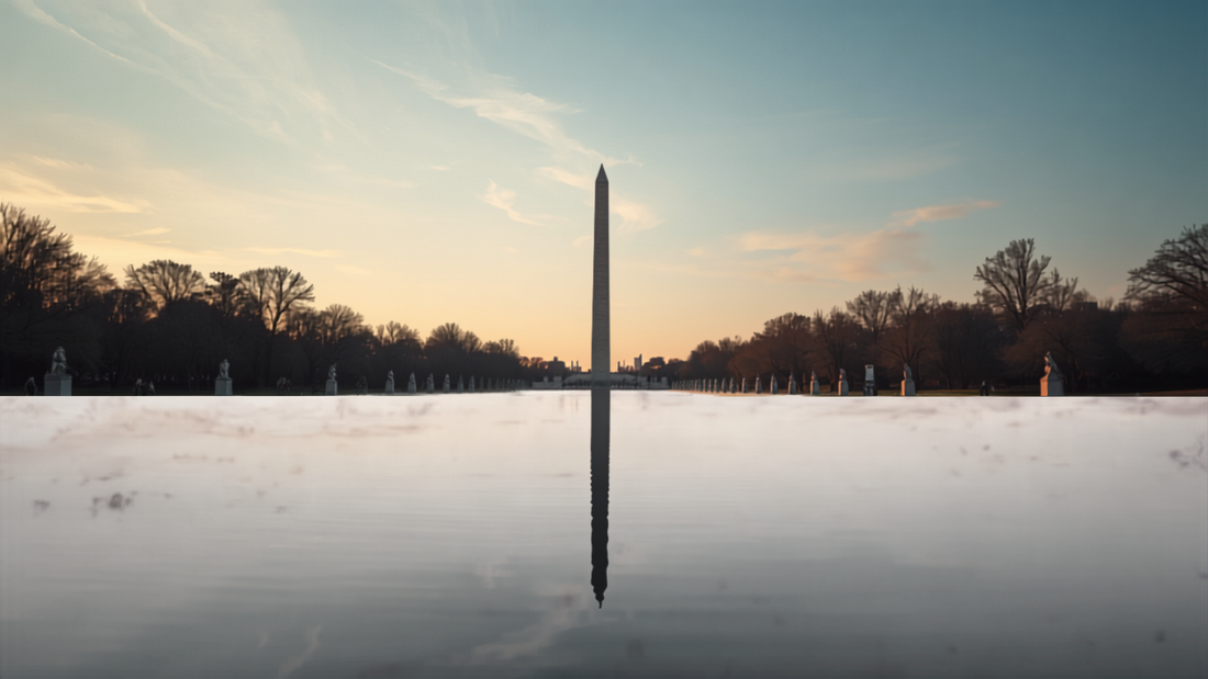 Washington Monument reflected in the Lincoln Memorial reflecting pool at sunrise