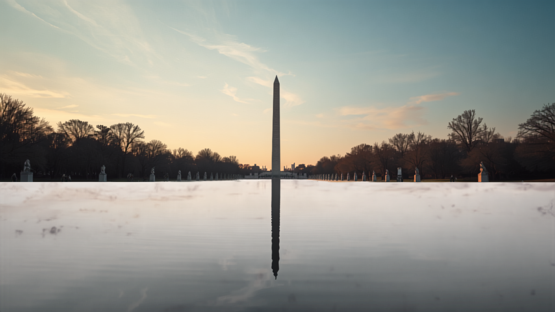 Washington Monument reflected in the Lincoln Memorial reflecting pool at sunrise