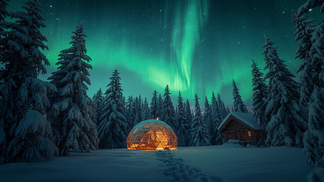Northern Lights over a glass igloo in Lapland Finland
