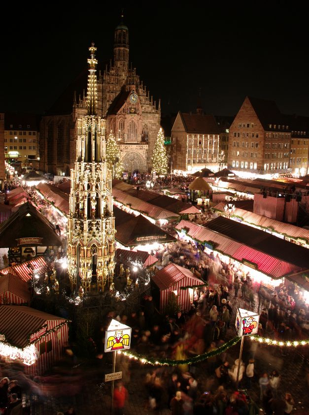 The Nuremberg Christkindlesmarkt Christmas market lit up at night