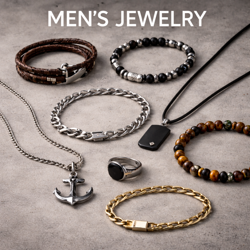 Vacation jewelry for men collection featuring stylish bracelets, necklaces, and rings for all travel occasions