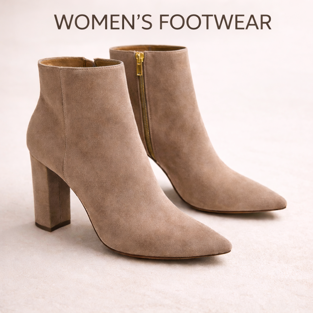 Stylish women's fashion footwear online featuring elegant high-heeled suede ankle boots