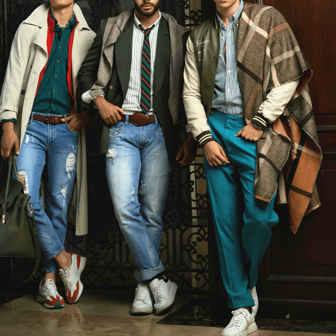 Stylish model showcasing casual men's bottoms for travel in an outdoor cafe setting