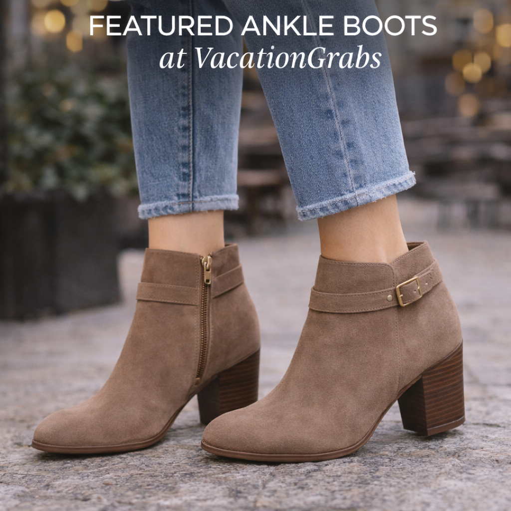 Stylish ankle boots featured at VacationGrabs with a chic design and stylish buckle accents