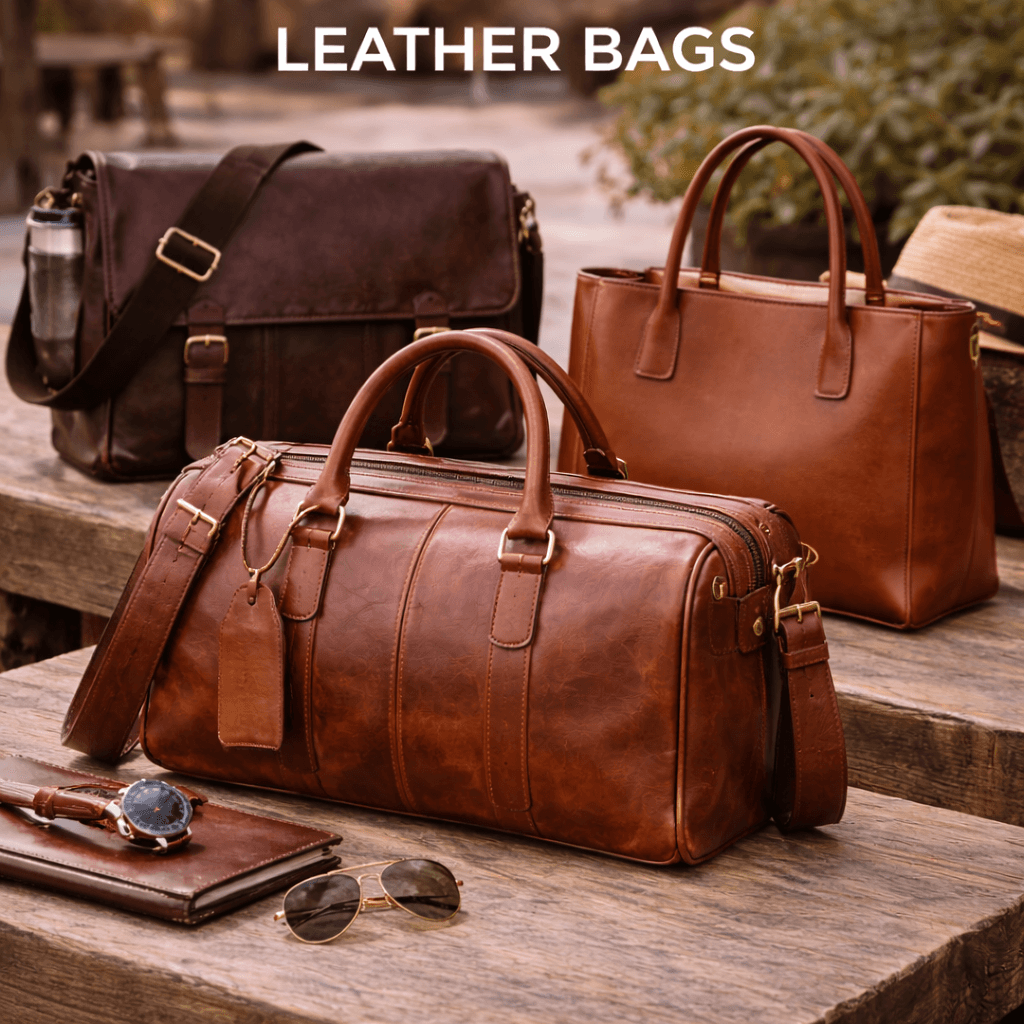 Stylish leather travel bags for men and women displayed outdoors on wooden surfaces