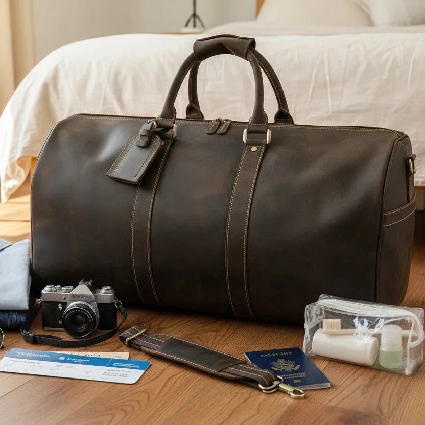 Stylish collection of carry on leather duffel bags in dark and light brown shades