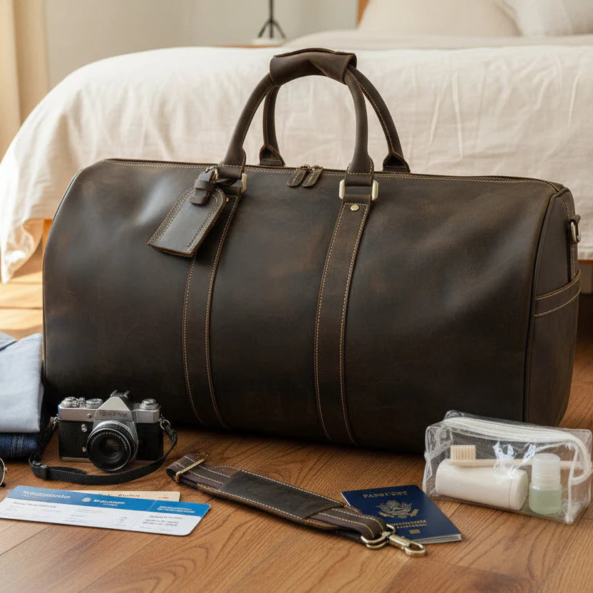 Stylish collection of carry on leather duffel bags in dark and light brown shades