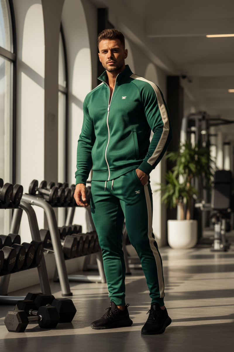 men's activewear for optimal performance. Man stretching in jogging suit before running