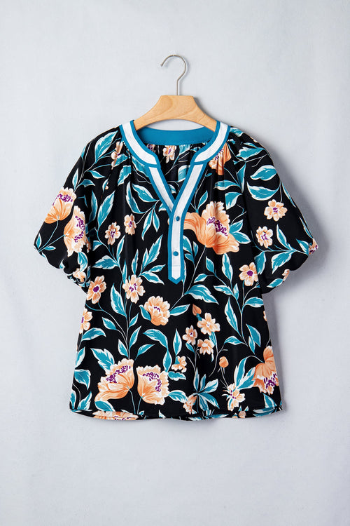 Floral Bubble Sleeve Buttoned Notch Neck Blouse